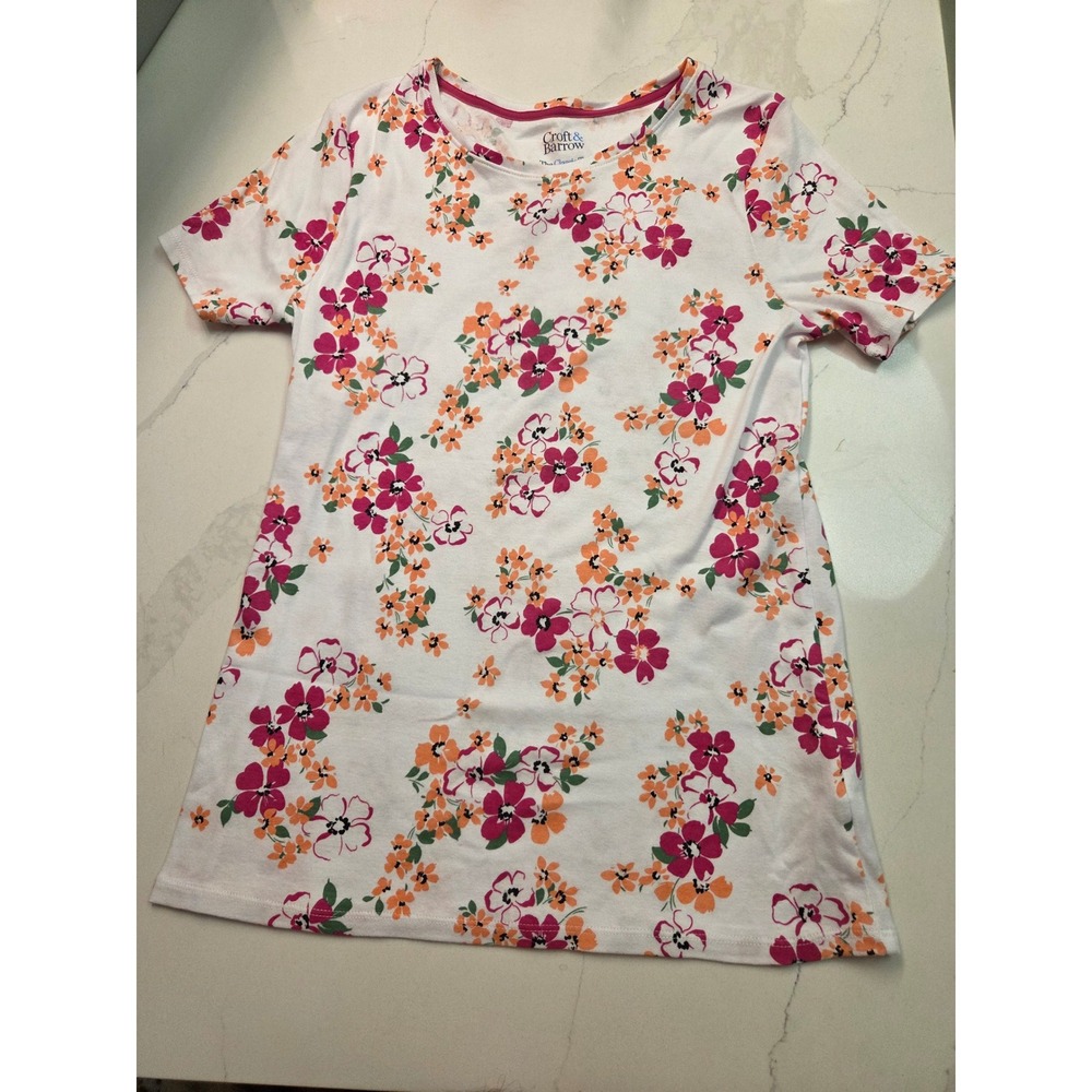 Croft & Barrow Womens Classic Tee XS Floral Short Sleeve T-Shirt White Pink